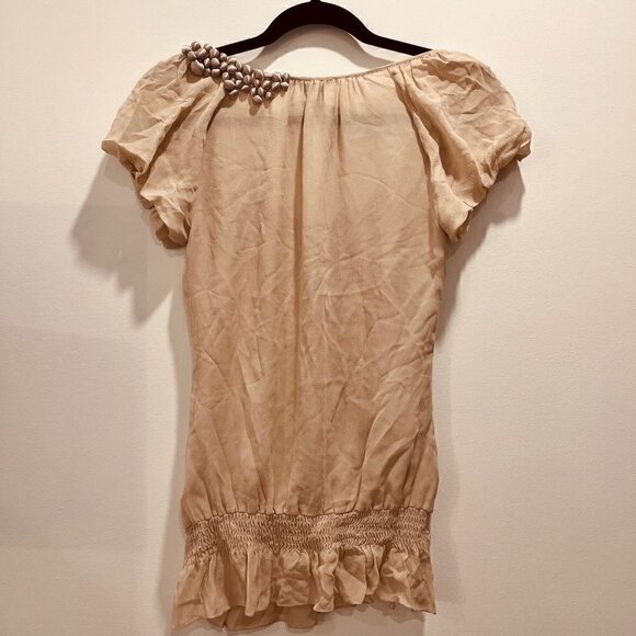 Ted Baker Silk Nude Pink Ruffle Puff Short Sleeve Semi Sheer Drop Waist Blouse - Picture 7 of 8